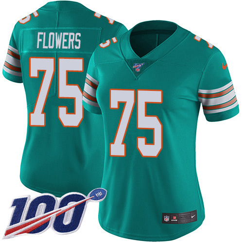 Nike Miami Dolphins #75 Ereck Flowers Aqua Green Alternate Women Stitched NFL 100th Season Vapor Untouchable Limited Jersey->women nfl jersey->Women Jersey